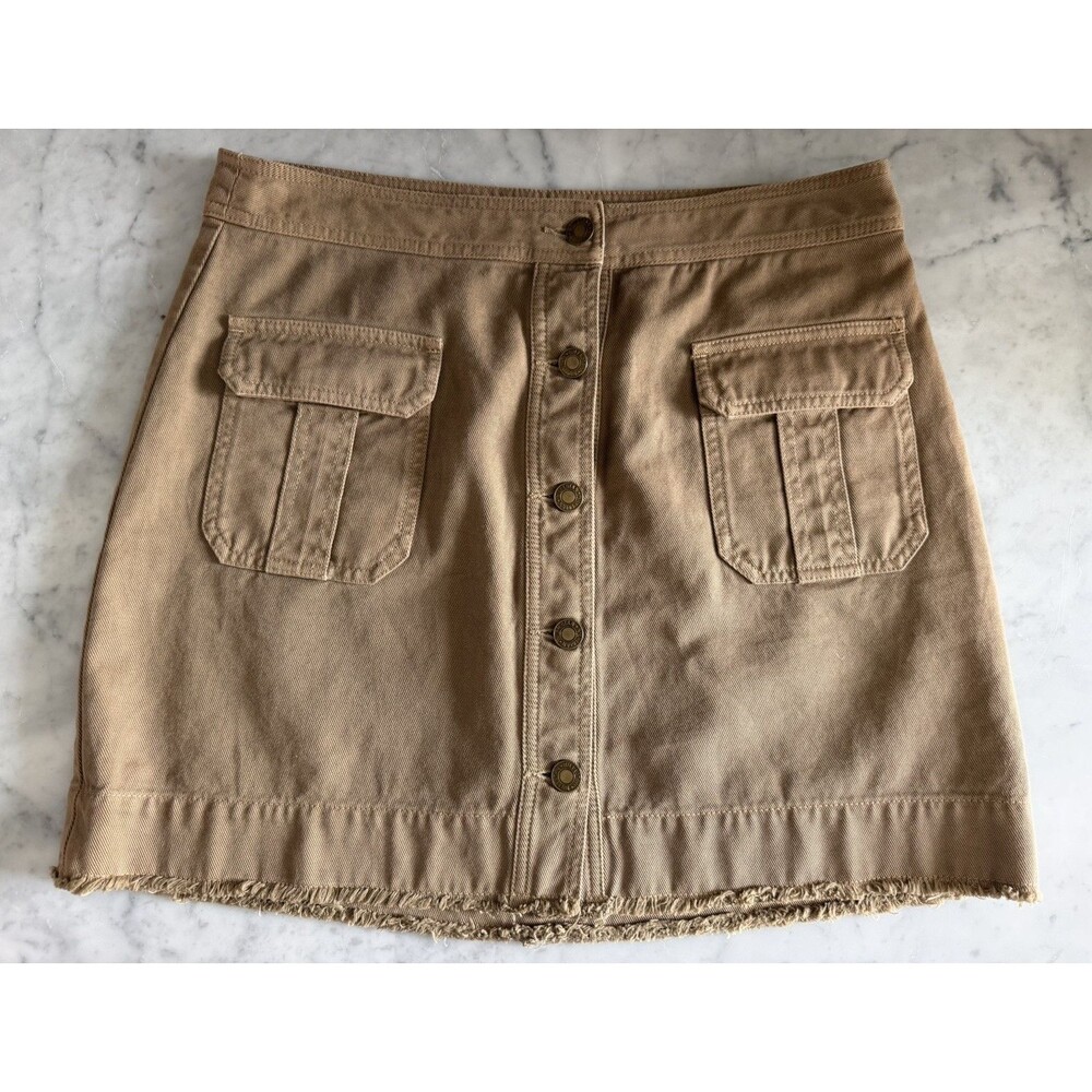 Nili Lotan Khaki Tan Denim Utility Mini Skirt Button Front Cargo Pockets Size 6